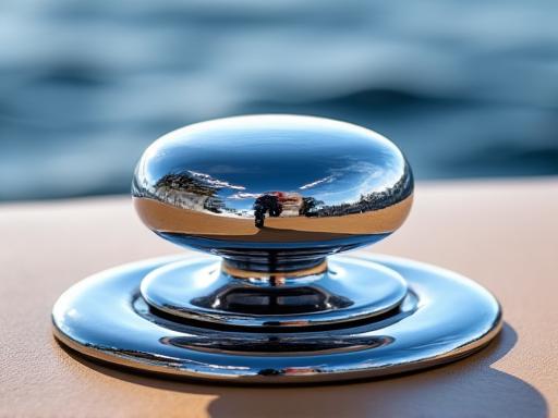 A shiny, mirror-finish metal cleat on a yacht deck.